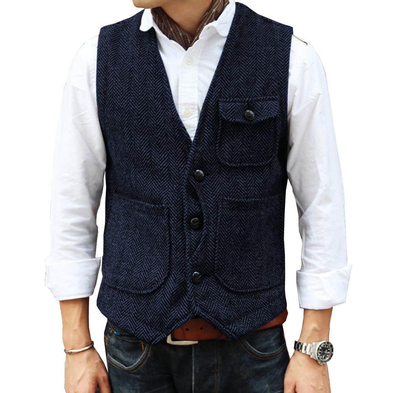 ceehuteey Mens Causual V Neck Tweed Herringbone Waistcoat