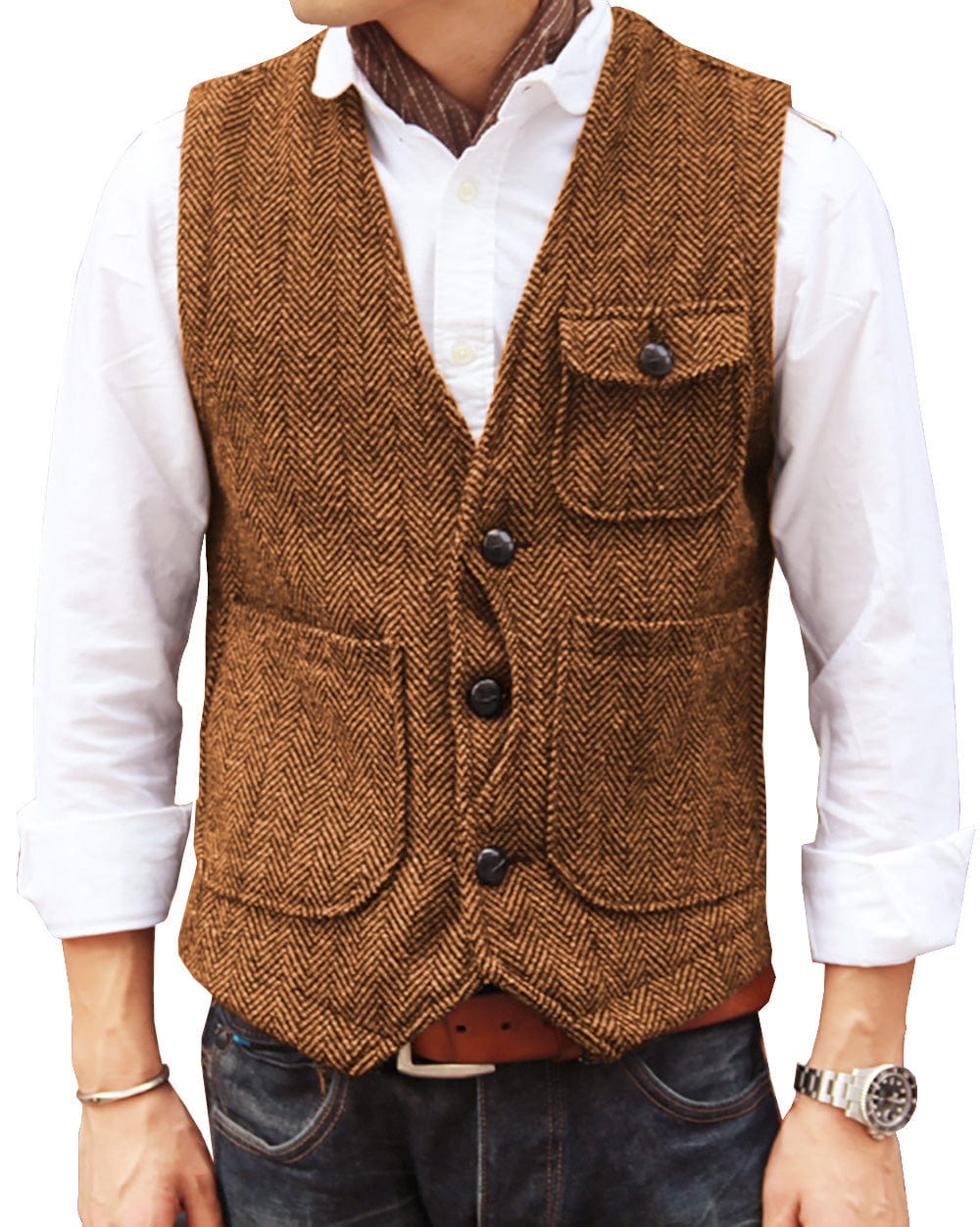 ceehuteey Mens Causual V Neck Tweed Herringbone Waistcoat