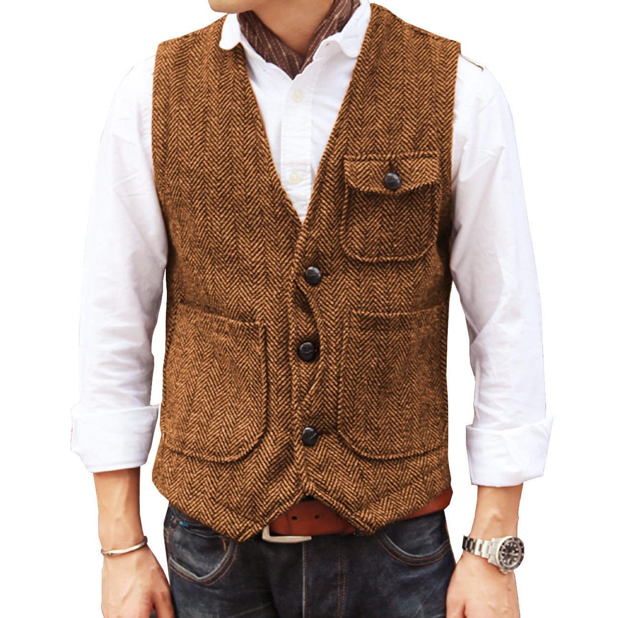 ceehuteey Mens Causual V Neck Tweed Herringbone Waistcoat
