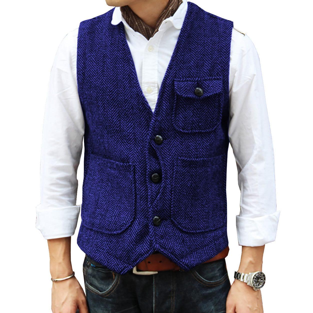 ceehuteey Mens Causual V Neck Tweed Herringbone Waistcoat