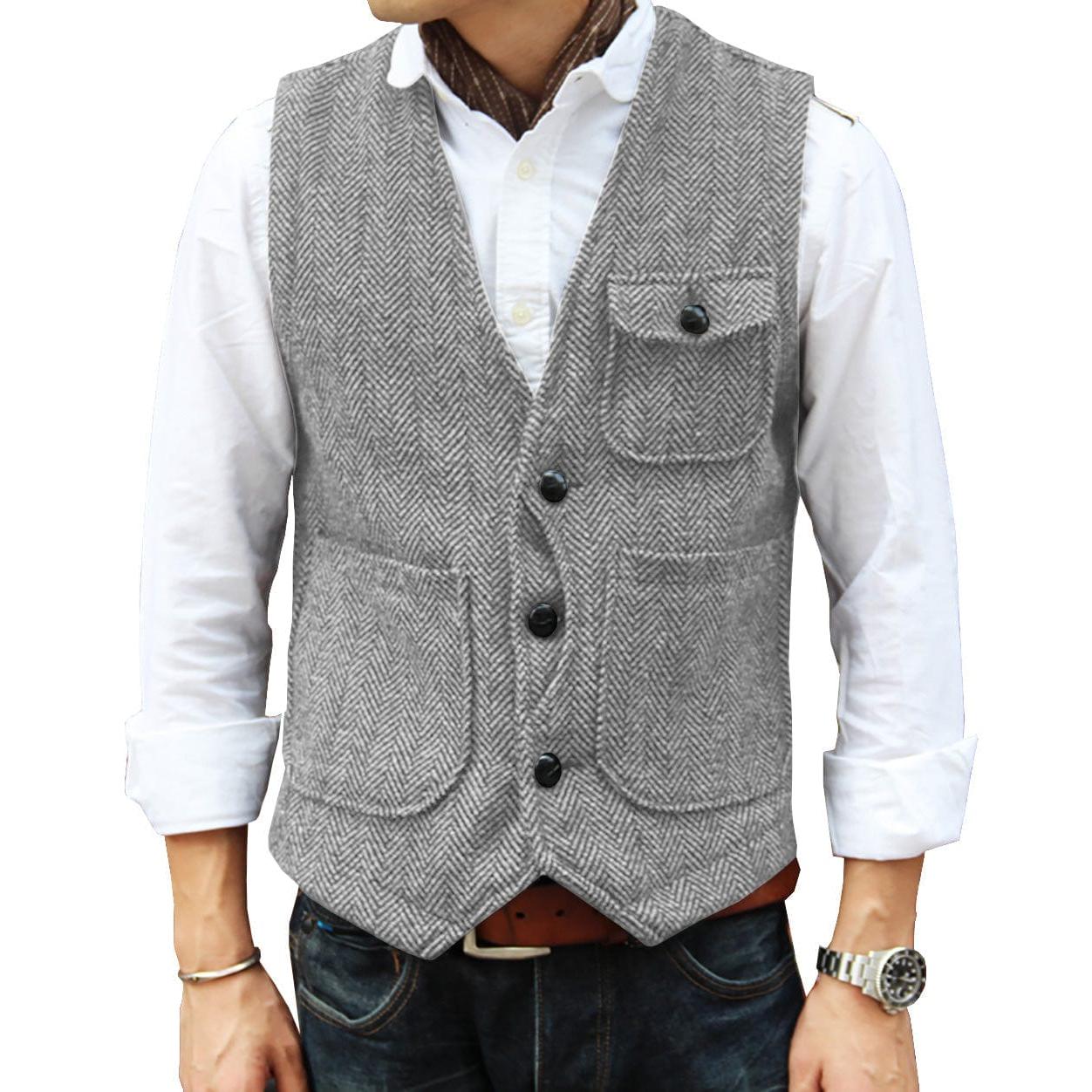 ceehuteey Mens Causual V Neck Tweed Herringbone Waistcoat