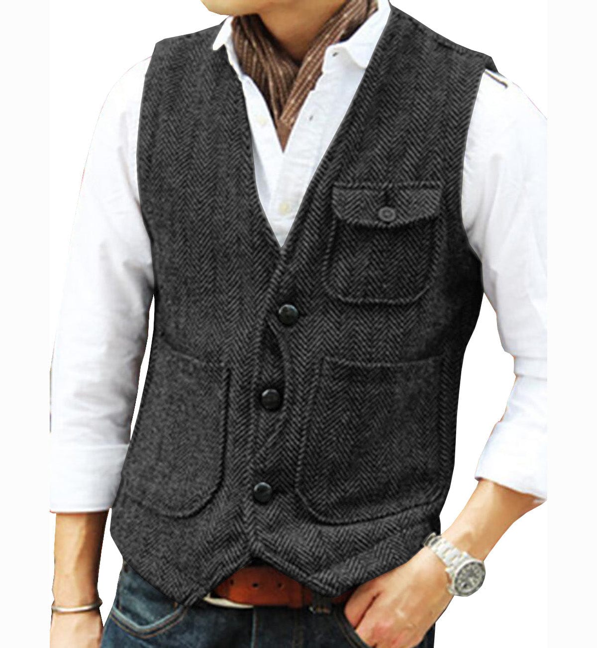 ceehuteey Mens Classic Tweed Herringbone Vintage V Neck Waistcoat