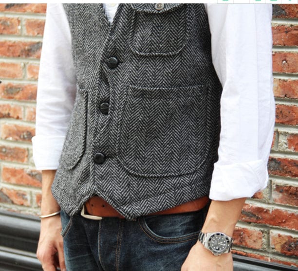 ceehuteey Mens Classic Tweed Herringbone Vintage V Neck Waistcoat