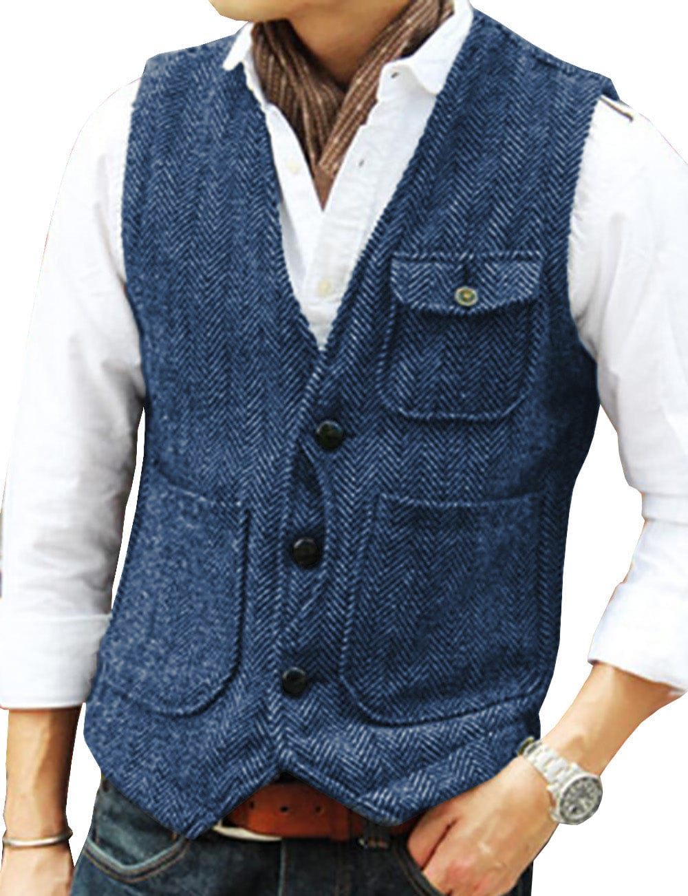 ceehuteey Mens Classic Tweed Herringbone Vintage V Neck Waistcoat