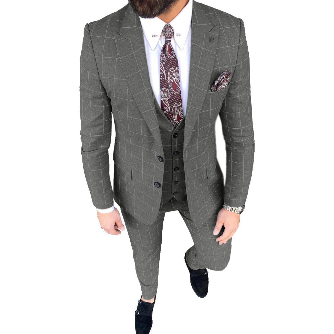 ceehuteey Mens Suit 3 Pieces Formal Business Peak Lapel Plaid Solid Tuxedos Jacket for Wedding Groom(Blazer+Vest+Pants)