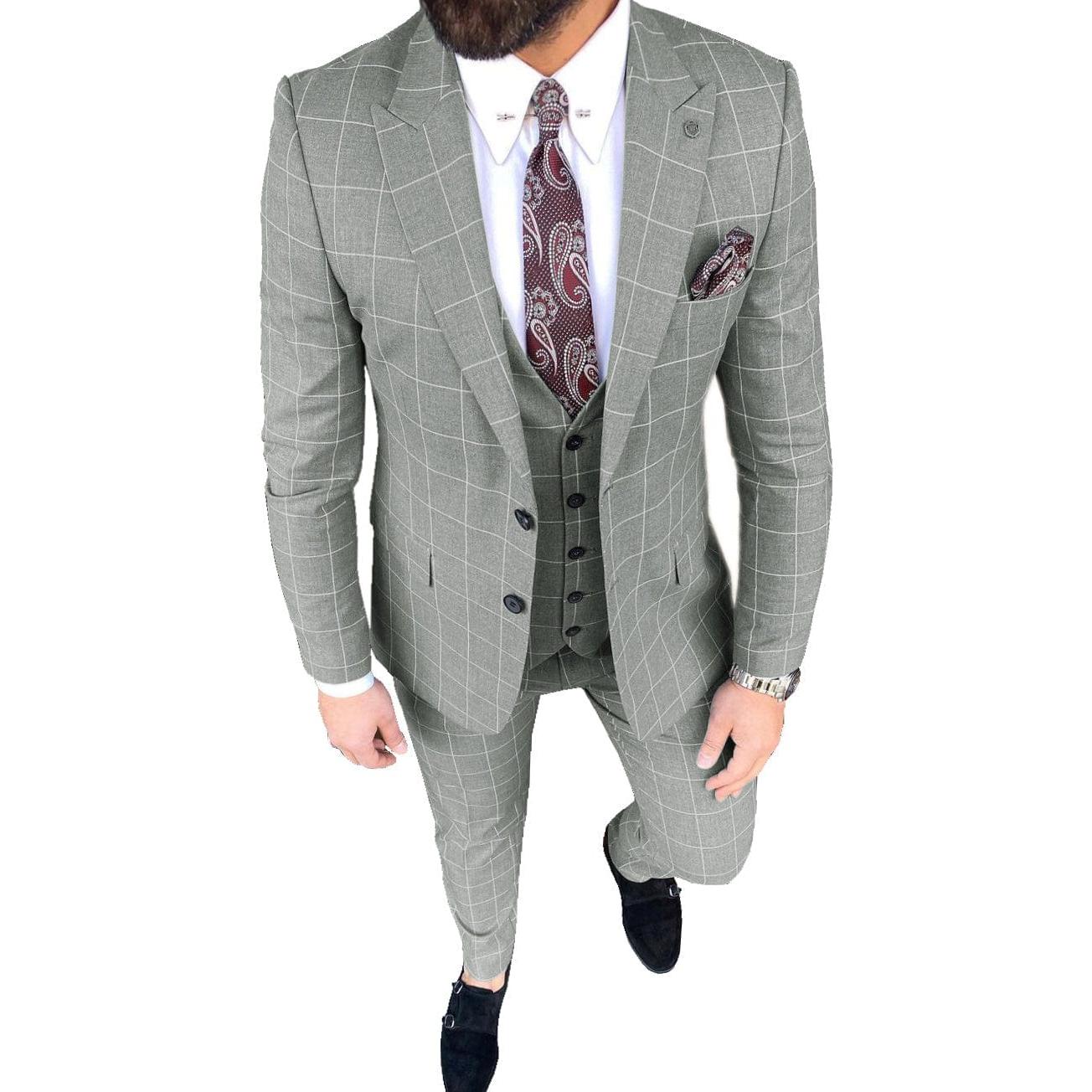 ceehuteey Mens Suit 3 Pieces Formal Business Peak Lapel Plaid Solid Tuxedos Jacket for Wedding Groom(Blazer+Vest+Pants)