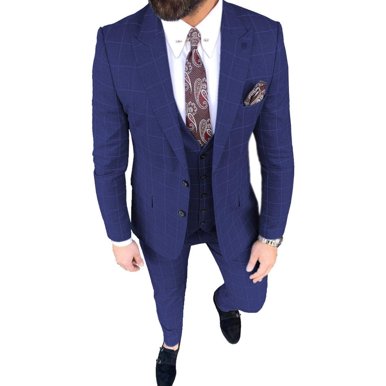 ceehuteey Mens Suit 3 Pieces Formal Business Peak Lapel Plaid Solid Tuxedos Jacket for Wedding Groom(Blazer+Vest+Pants)