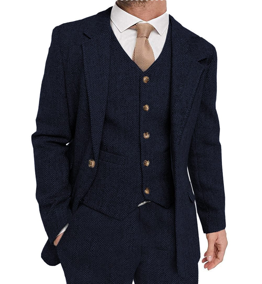 ceehuteey Mens Tweed Herringbone Suits 3 Piece Suits Formal Regular Fit Wedding Groom Suits