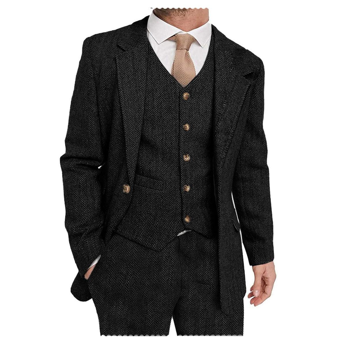 ceehuteey Mens Tweed Herringbone Suits 3 Piece Suits Formal Regular Fit Wedding Groom Suits