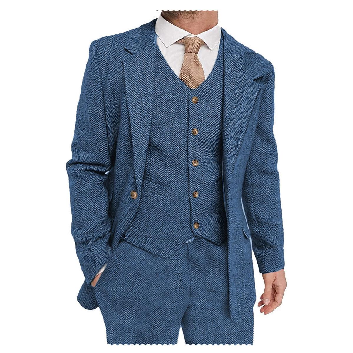 ceehuteey Mens Tweed Herringbone Suits 3 Piece Suits Formal Regular Fit Wedding Groom Suits