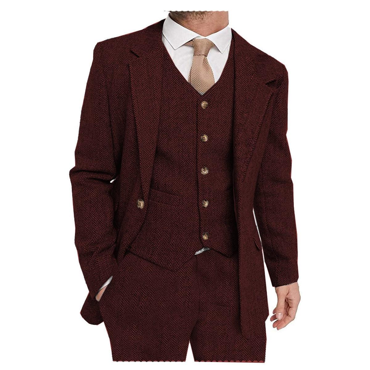 ceehuteey Mens Tweed Herringbone Suits 3 Piece Suits Formal Regular Fit Wedding Groom Suits