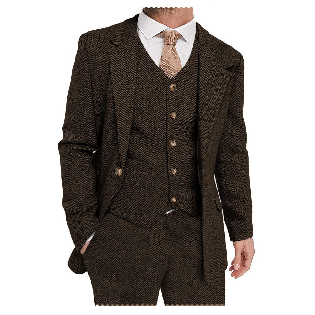 ceehuteey Mens Tweed Herringbone Suits 3 Piece Suits Formal Regular Fit Wedding Groom Suits