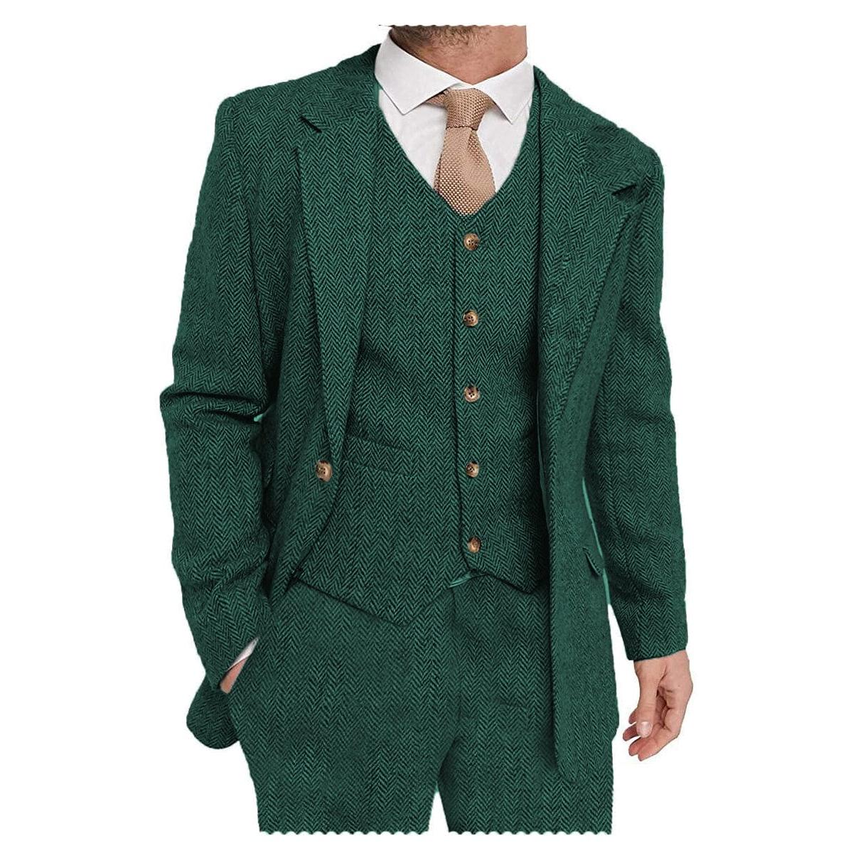 ceehuteey Mens Tweed Herringbone Suits 3 Piece Suits Formal Regular Fit Wedding Groom Suits