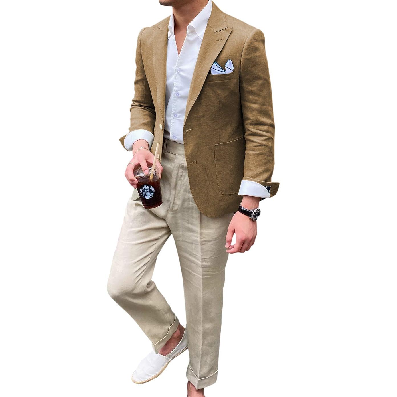 ceehuteey Summer Linen Men's Casual  Peak lapel Suit for Blazer