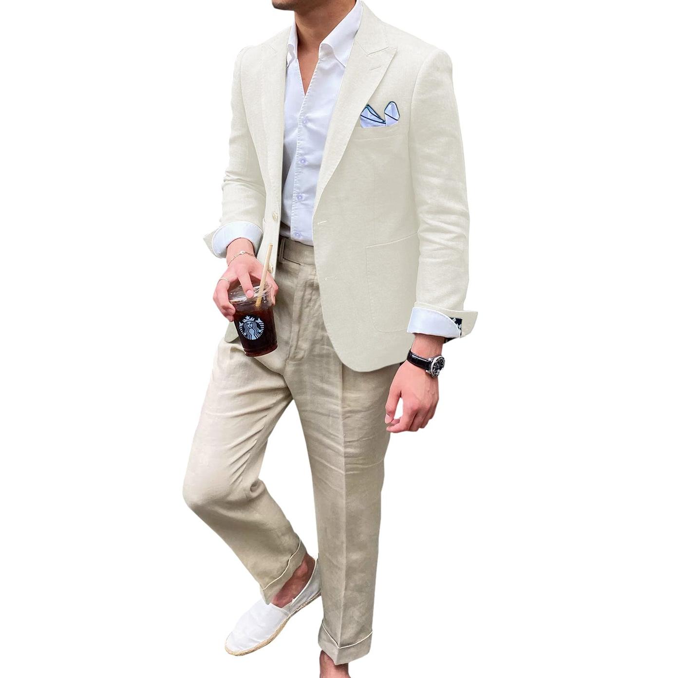 ceehuteey Summer Linen Men's Casual  Peak lapel Suit for Blazer