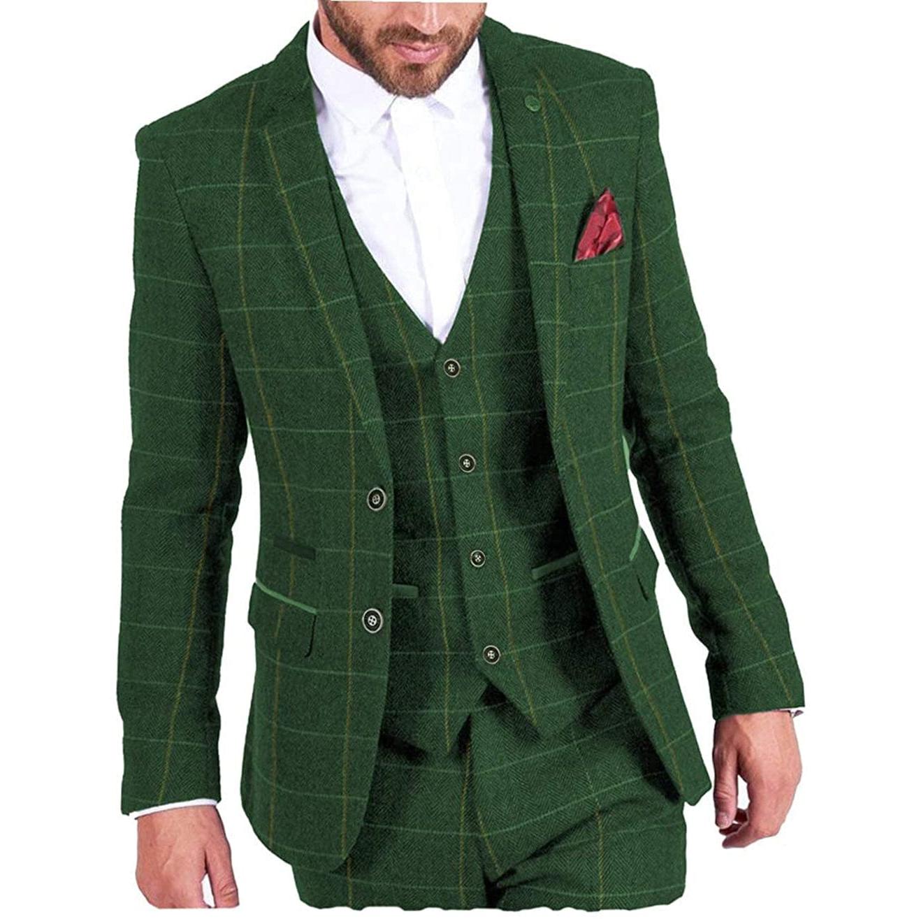 ceehuteey Vintage Classic Men's 3 Pieces Plaid Notch Lapel Suit (Blazer+vest+Pants)