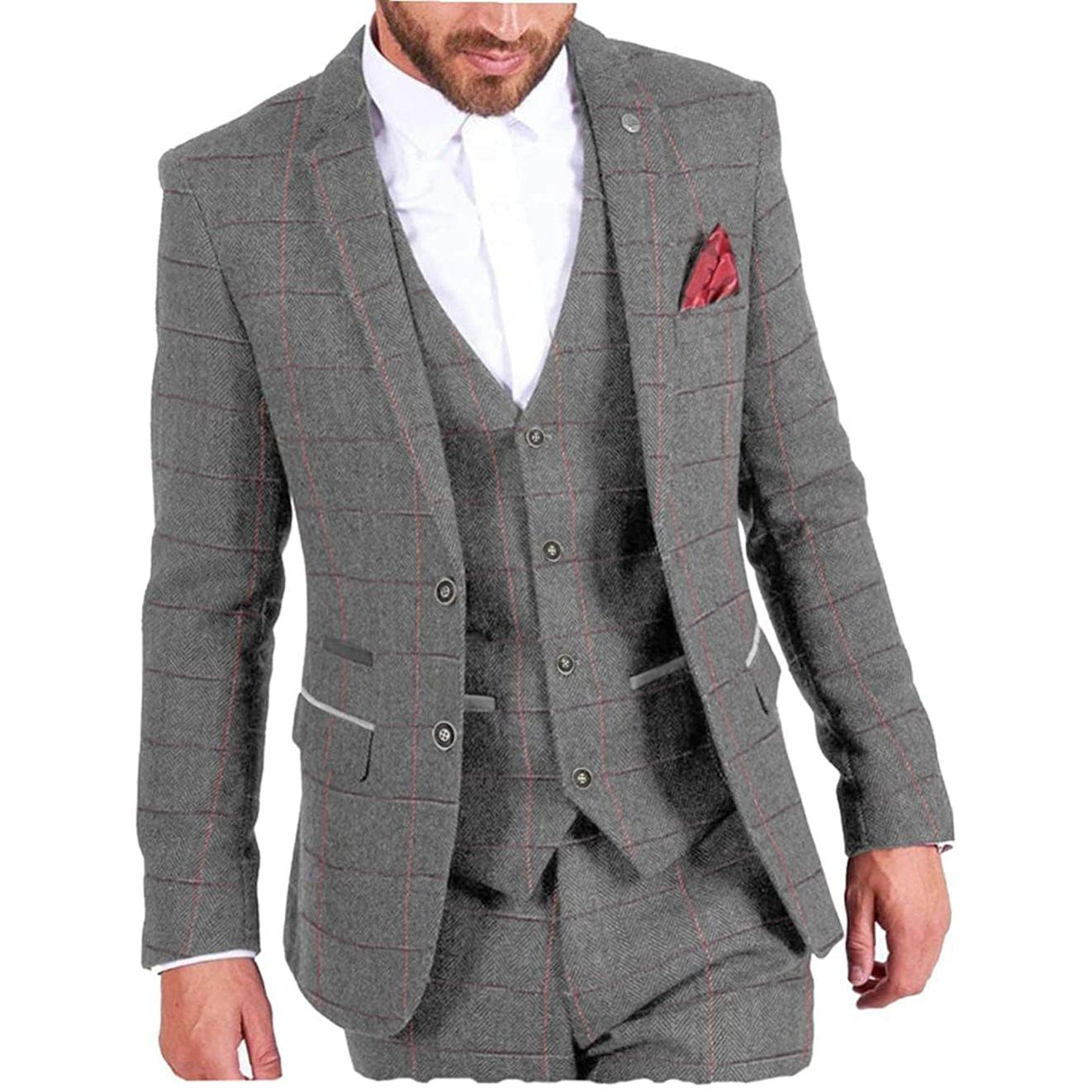 ceehuteey Vintage Classic Men's 3 Pieces Plaid Notch Lapel Suit (Blazer+vest+Pants)