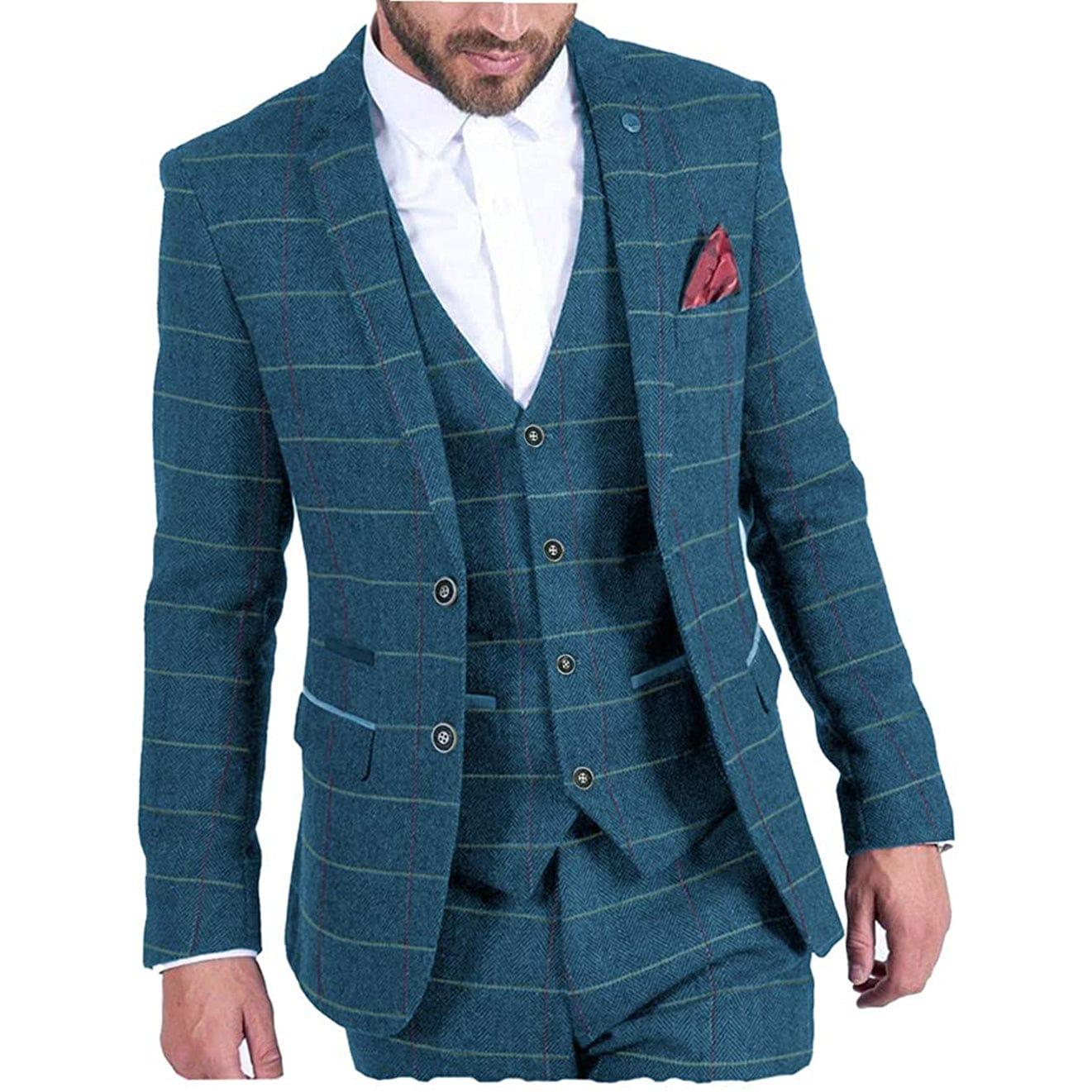 ceehuteey Vintage Classic Men's 3 Pieces Plaid Notch Lapel Suit (Blazer+vest+Pants)