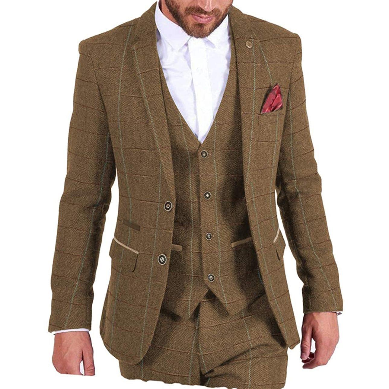 ceehuteey Vintage Classic Men's 3 Pieces Plaid Notch Lapel Suit (Blazer+vest+Pants)