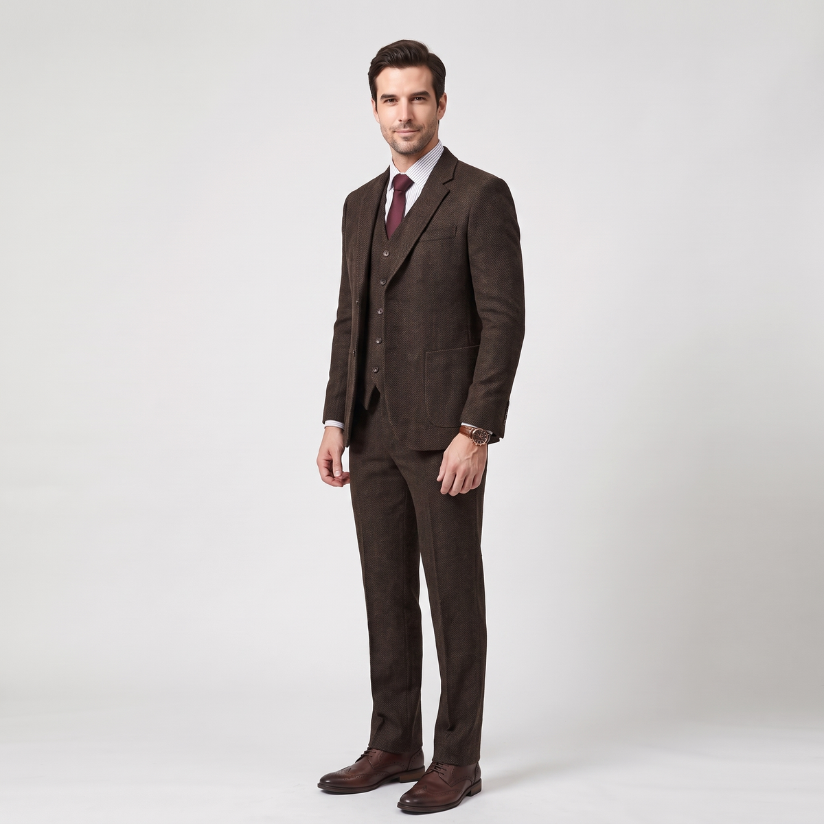 Ceehuteey 3 Pieces Men's Suit Herringbone Flat Notch Lapel Suit (Blazer+Vest+Pants)