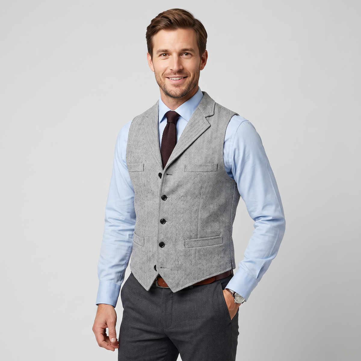 Ceehuteey Men's Classic Herringbone Notch Lapel Waistcoat