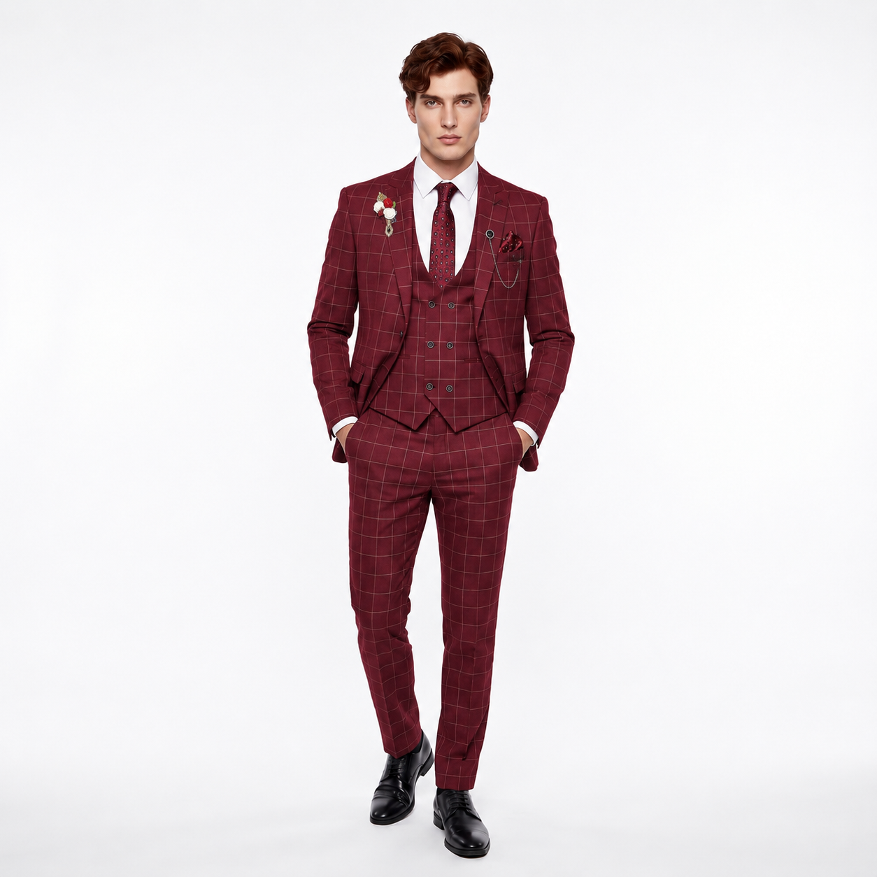 Ceehuteey Casual 3 Pieces Plaid Peak Lapel Men's Suits (Blazer+Vest+Pants)