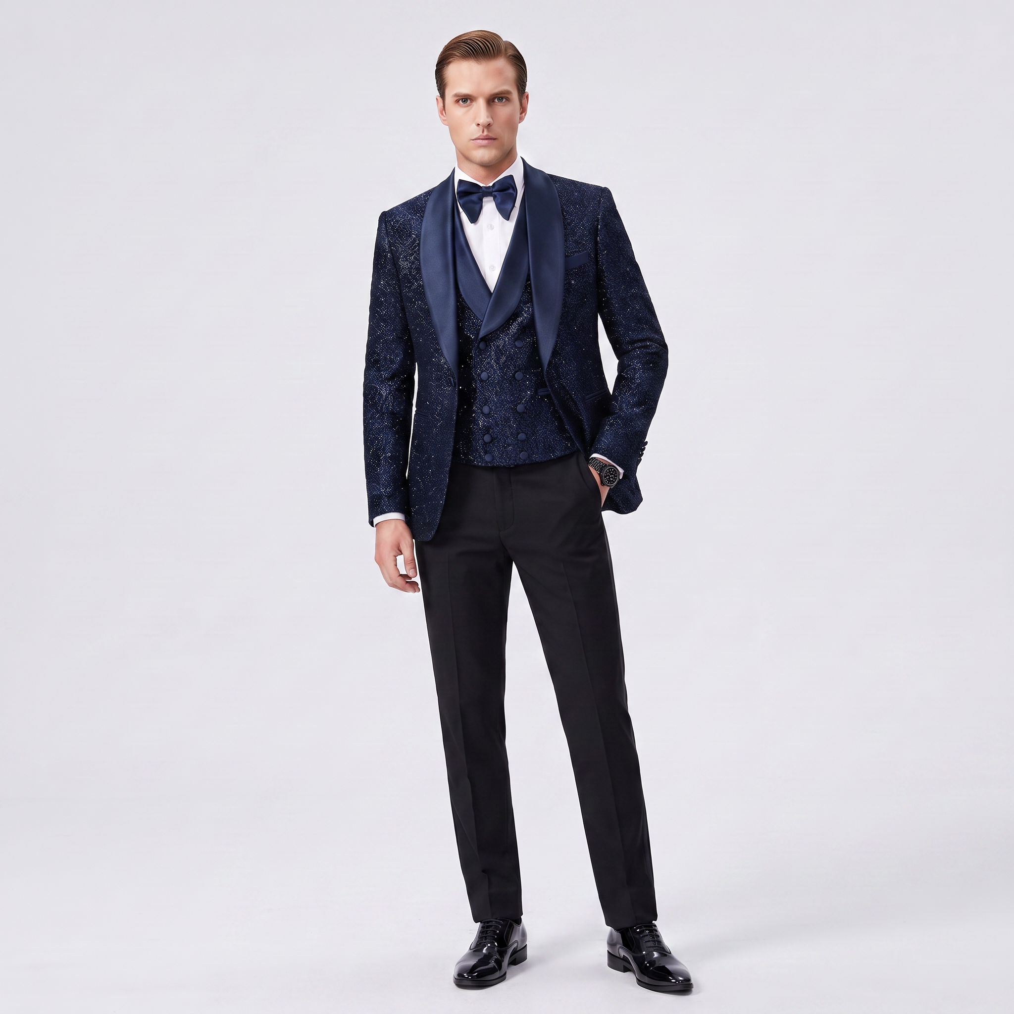 Ceehuteey Men's Shiny Sequins 3 Pieces Shawl Lapel Men's Suit  (Blazer + Vest + Pants)