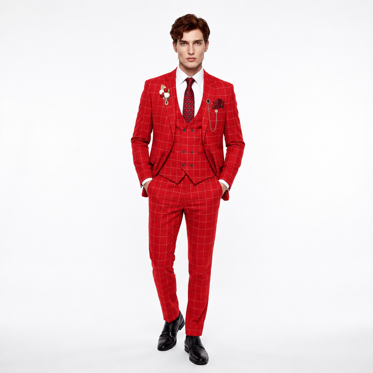 Ceehuteey Casual 3 Pieces Plaid Peak Lapel Men's Suits (Blazer+Vest+Pants)