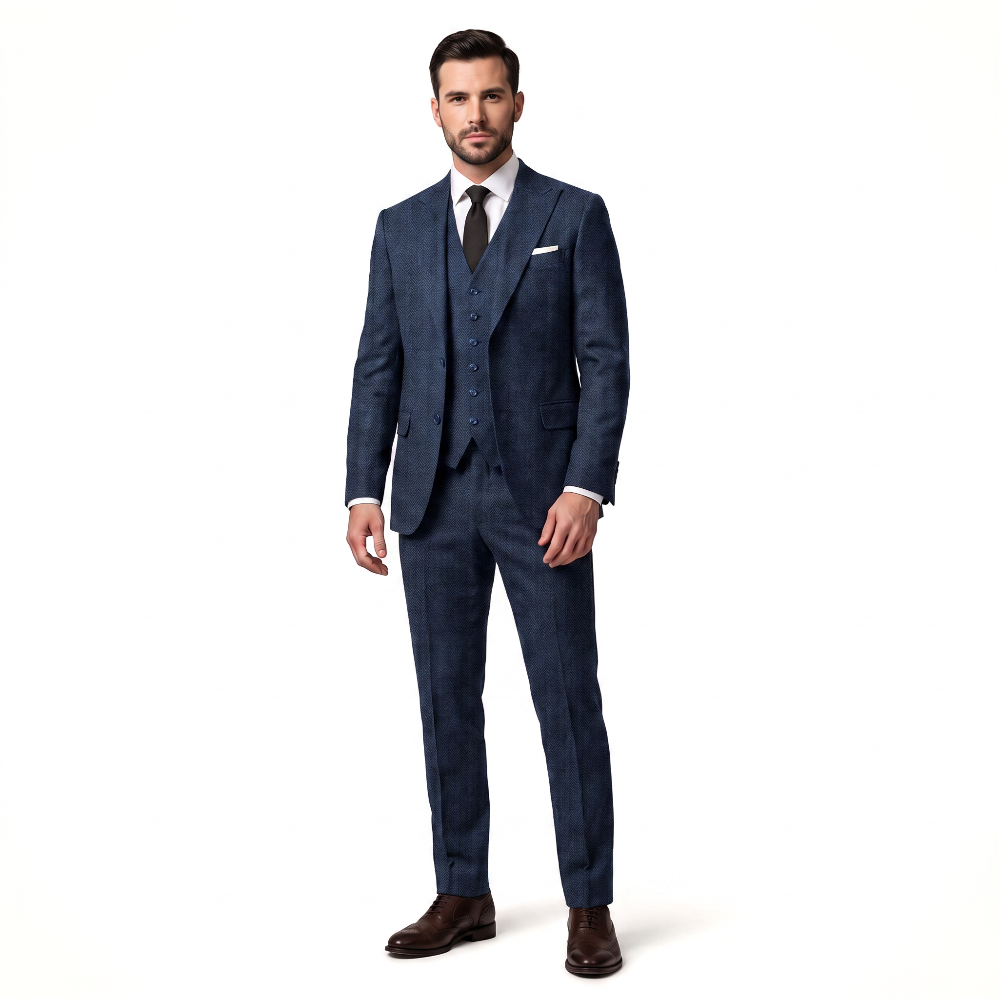 Ceehuteey Classic 3 Pieces Men's Suit Herringbone Peak Lapel Suit(Blazer+vest+Pants)