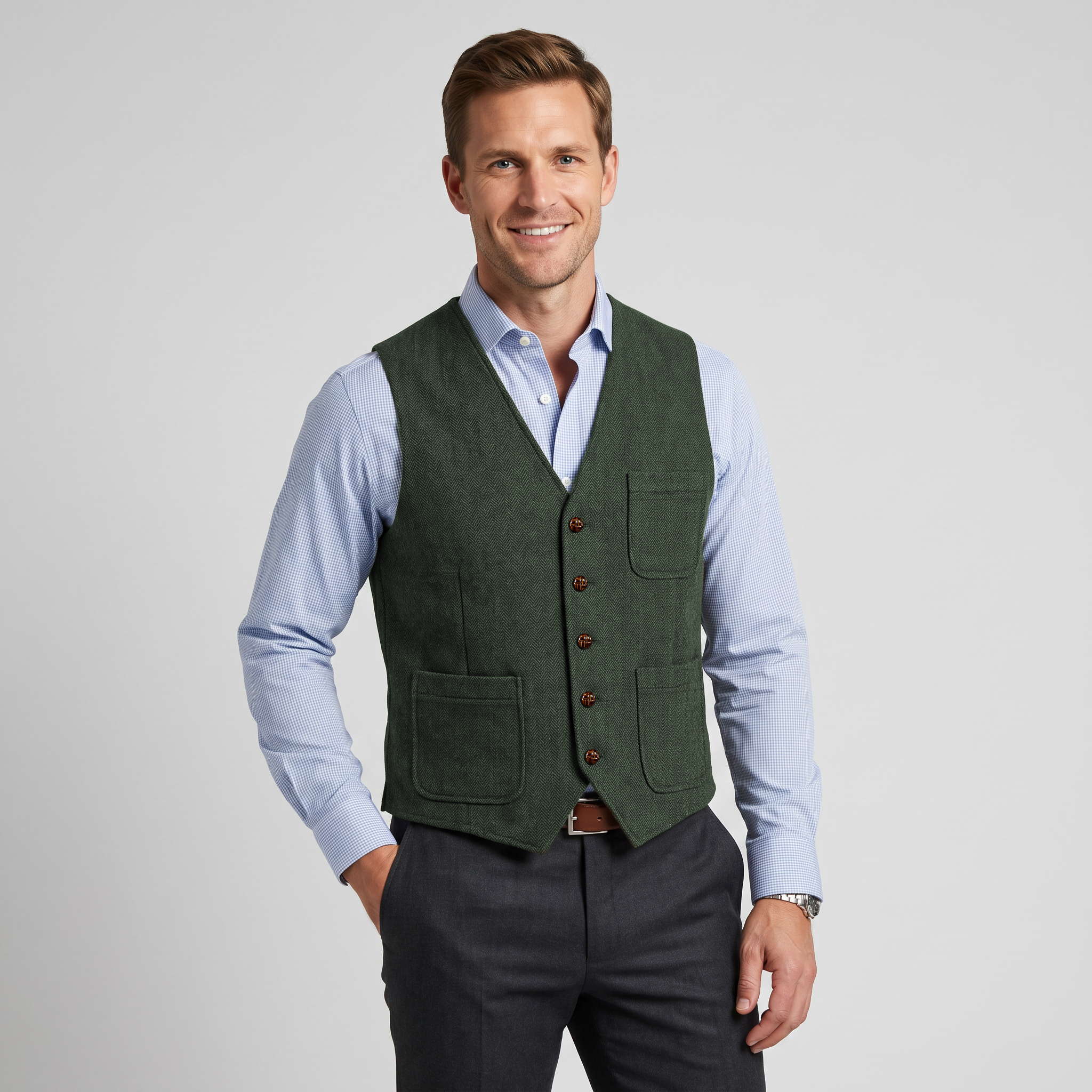 Ceehuteey Men's Tweed Herringbone V Neck Waistcoat