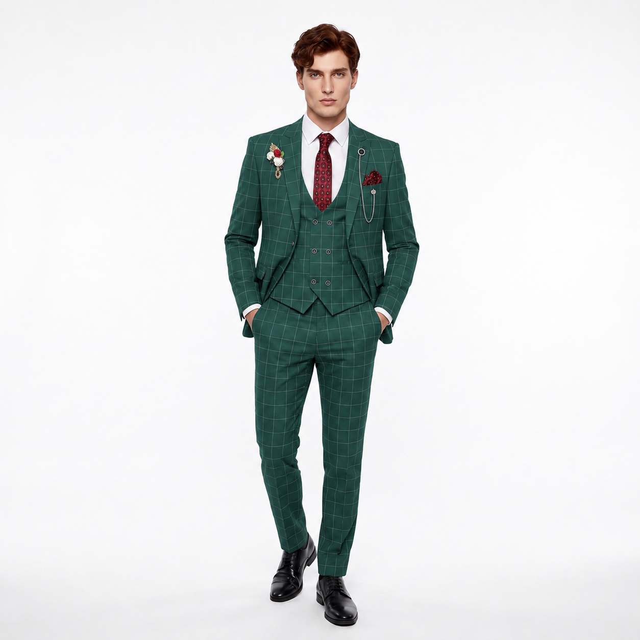 Ceehuteey Casual 3 Pieces Plaid Peak Lapel Men's Suits (Blazer+Vest+Pants)