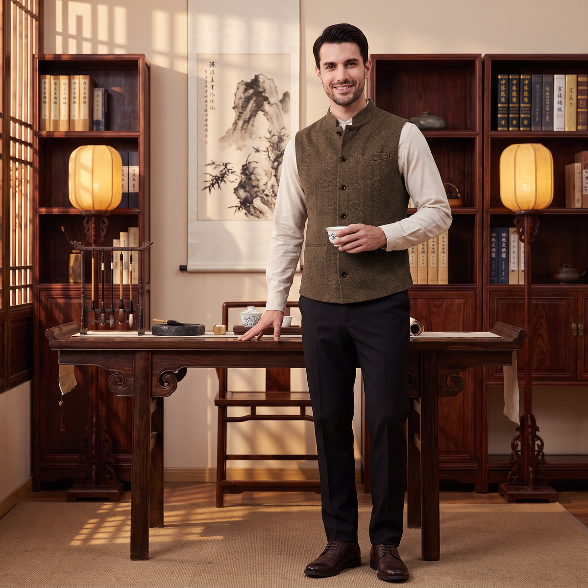 Ceehuteey Men's Herringbone Stand Collar Waistcoat