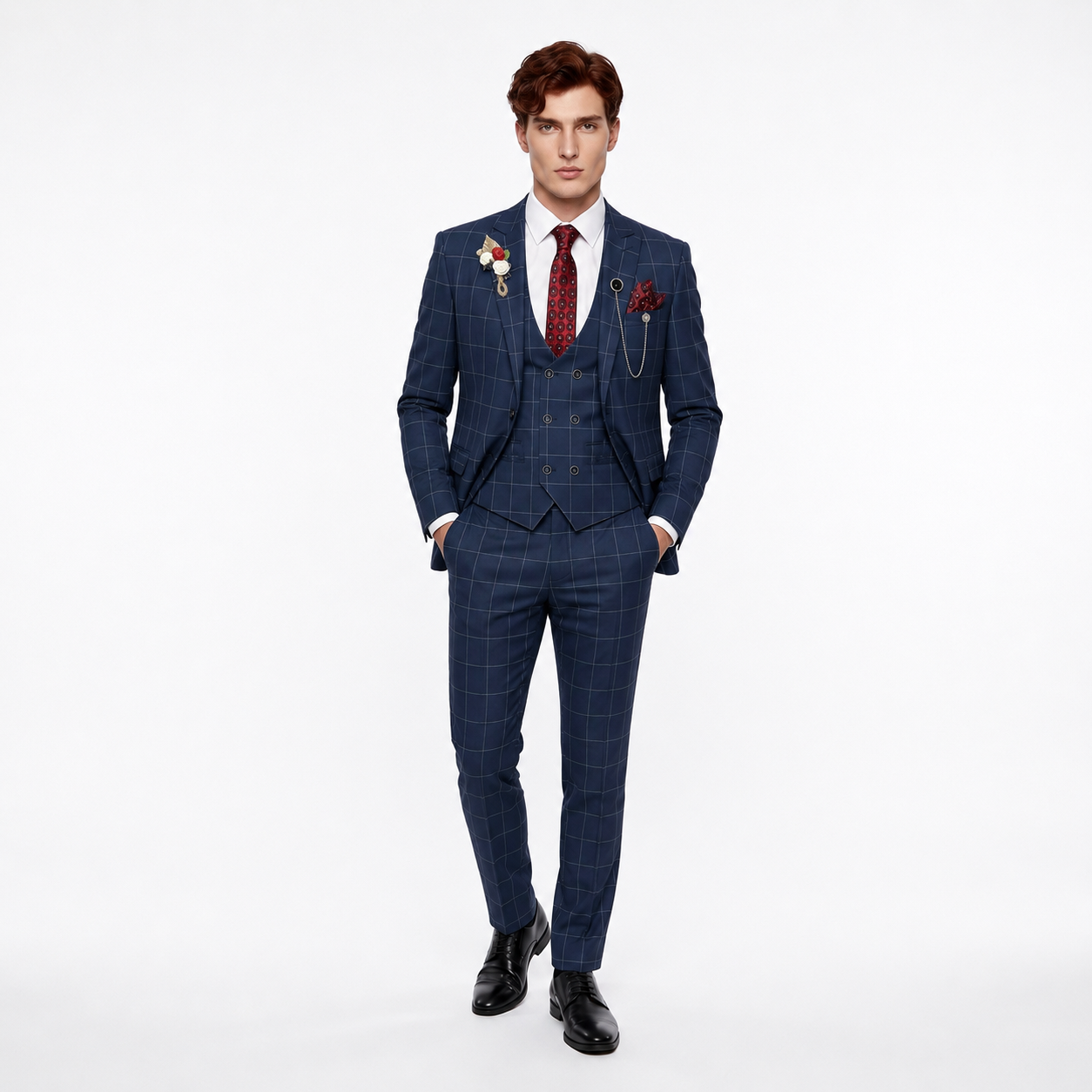 Ceehuteey Casual 3 Pieces Plaid Peak Lapel Men's Suits (Blazer+Vest+Pants)