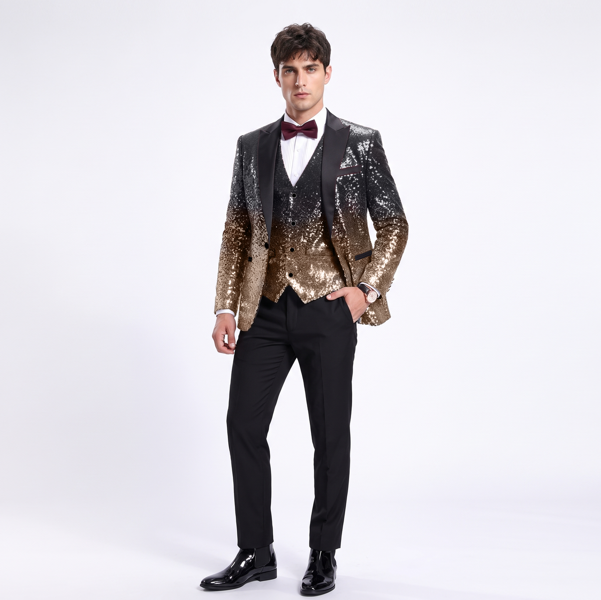 Ceehuteey Men's Shiny Sequins 3 Piece Suit Blazer One Button Prom (Blazer + Vest + Pants)