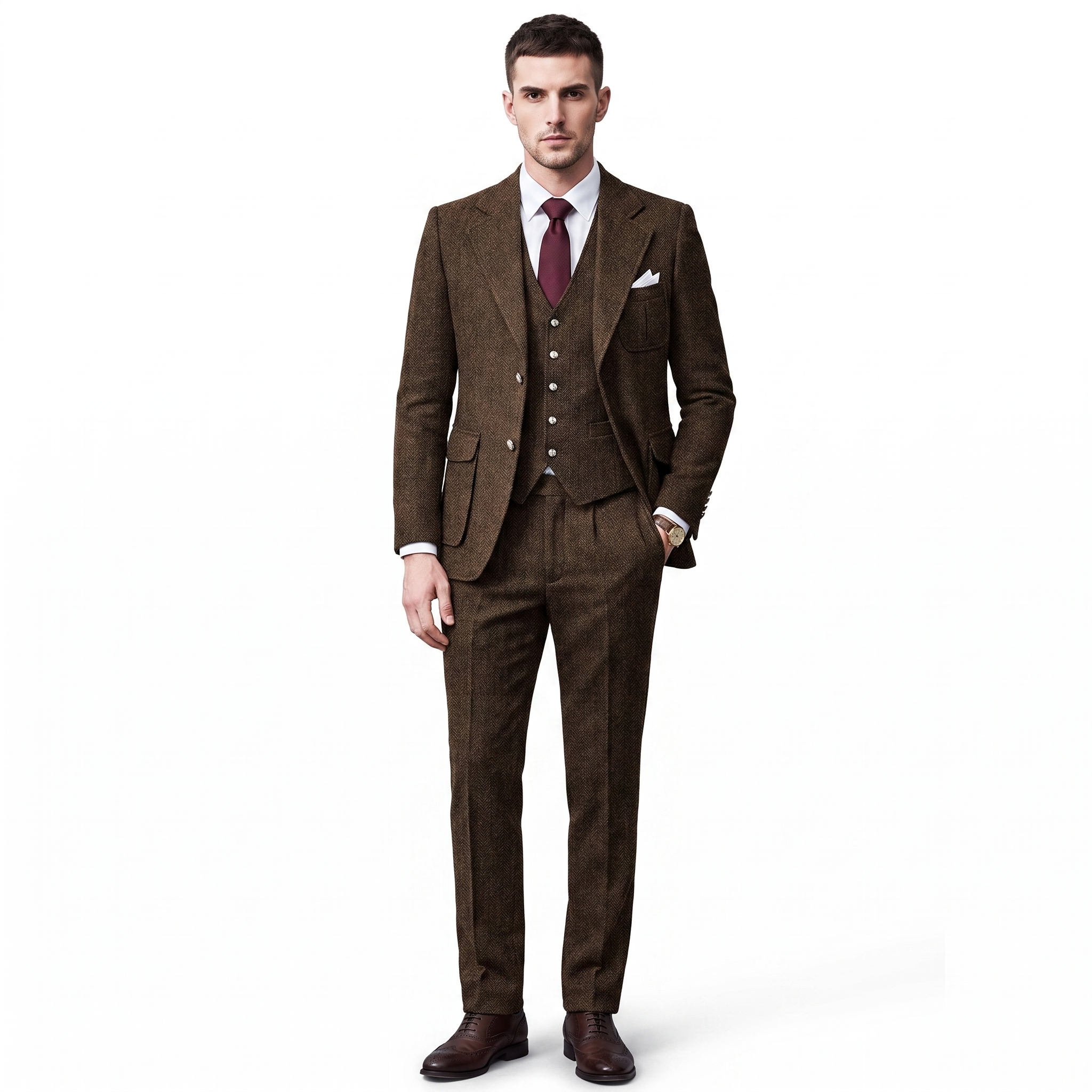 Ceehuteey Men's 3 Pieces Classic Herringbone Tweed Notch Lapel Suits (Blazer+Vest+Pants)