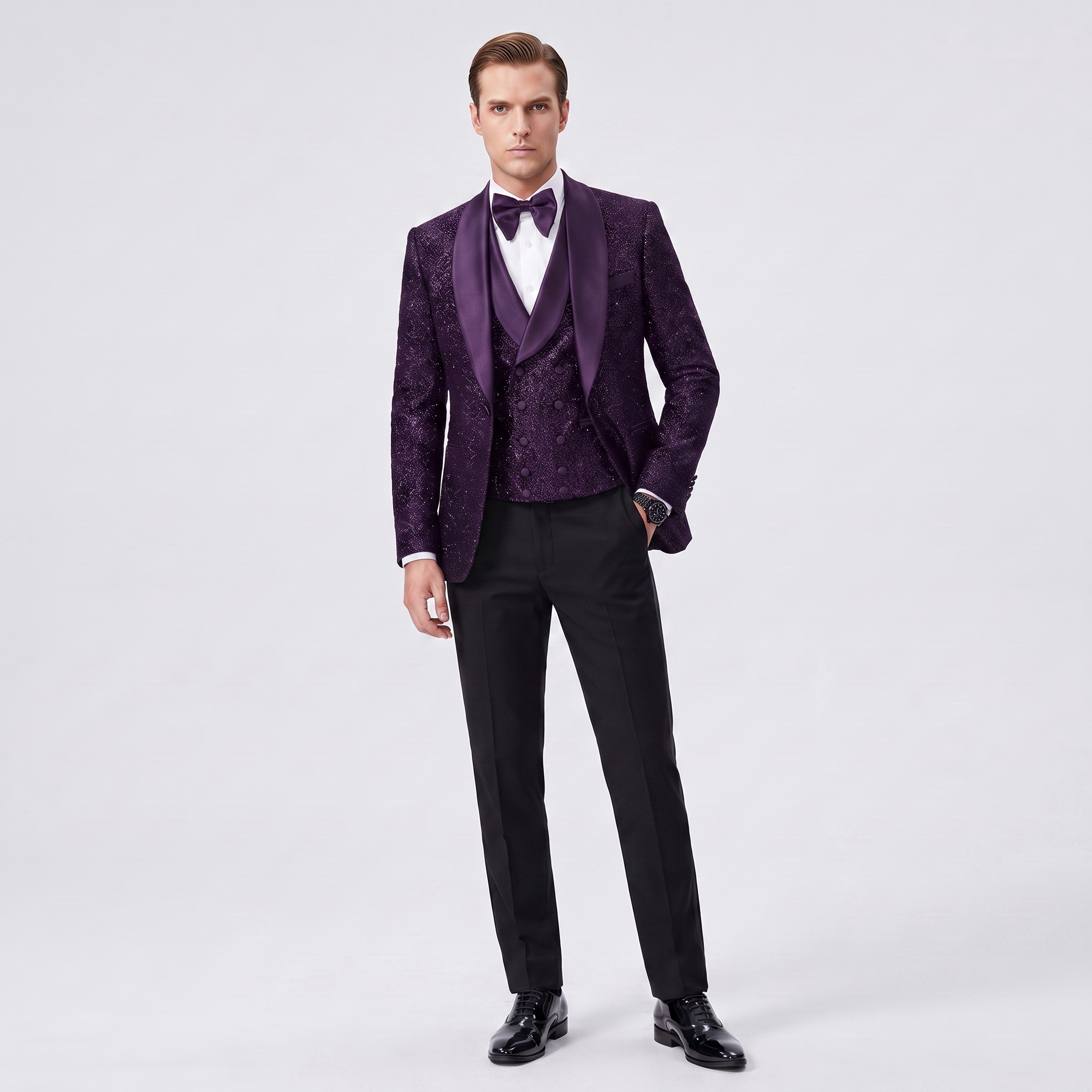 Ceehuteey Men's Shiny Sequins 3 Pieces Shawl Lapel Men's Suit  (Blazer + Vest + Pants)