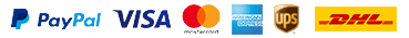 Logos of PayPal, Visa, Mastercard, American Express, DHL on a white background